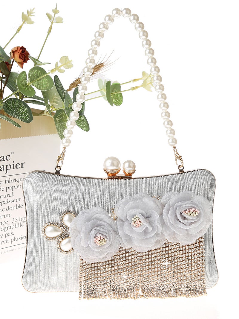 New Rhinestone Tassel Bag Banquet Handbag Square Clutch Bag Cute Flower Bag Socialite Dress Bag 0726 - Image 3