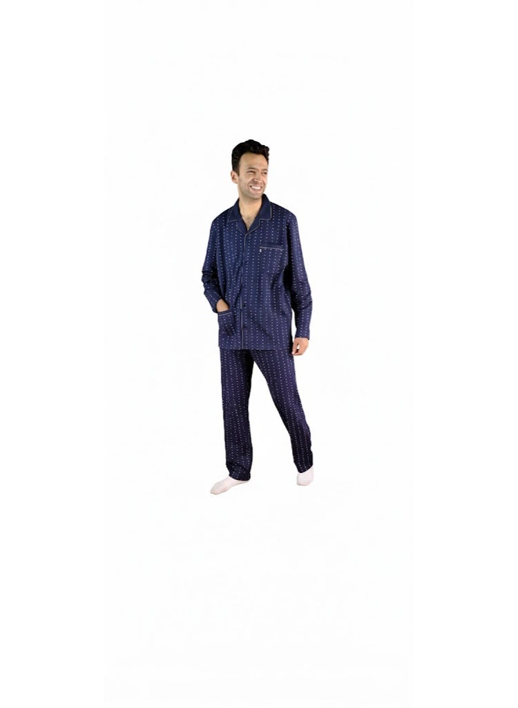 Jet Men Winter Pajama Set Long Sleeve & Printed Bottom-Navy Blue - Image 1