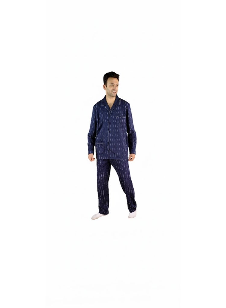 Jet Men Winter Pajama Set Long Sleeve & Printed Bottom-Navy Blue - Image 2