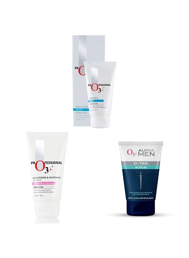 O3+ Milk Scrub Enriched with Macadamia Nuts Extracts for Clean & O3+ Brightening and Whitening Face Wash, 50g & O3+ ALPHA MEN Acno D-TAN Scrub With Hyaluronic & Mint 50g - Image 4