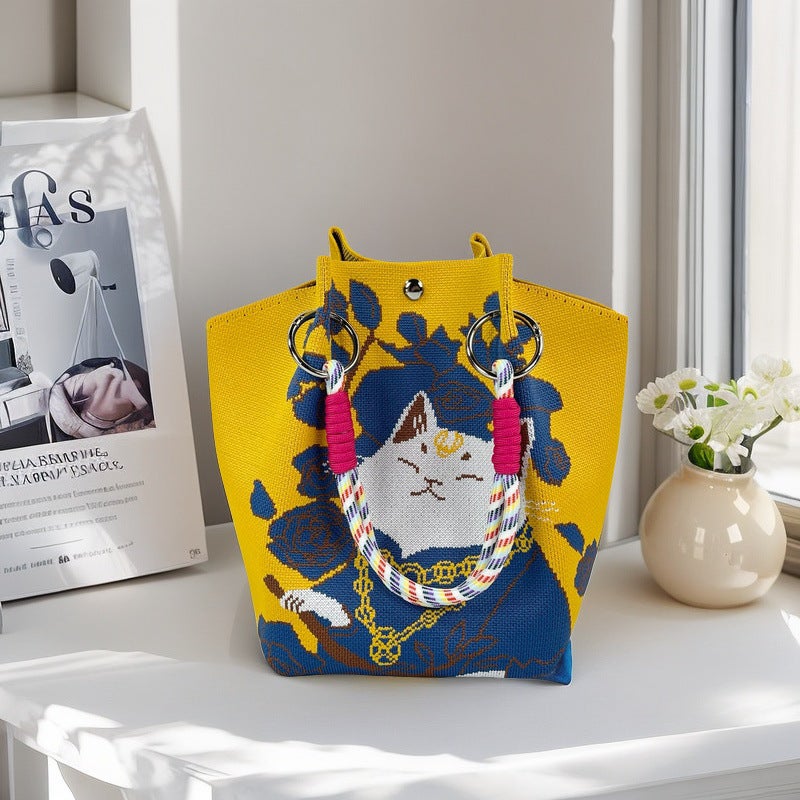 Japanese New Cartoon Cute Cat Large Capacity Portable Handbag Casual All-Match Commuter Tote Bag Bucket Bag - Image 1