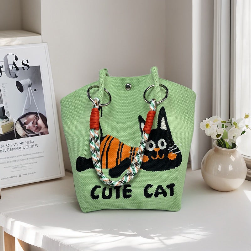 Japanese New Cartoon Cute Cat Large Capacity Portable Handbag Casual All-Match Commuter Tote Bag Bucket Bag - Image 5