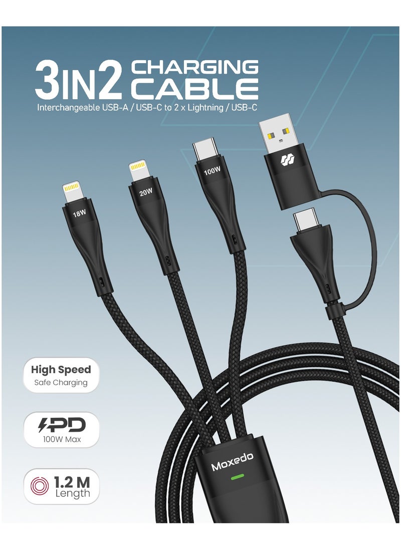 Moxedo Moxedo 3 in 2 Charging Cable Interchangeable USB-A/USB-C to L (2x) / USB-C PD Fast Charging 100W 1.2m Length Braided Cable for Phones, Tablets, Headphones (Black)  - Image 5