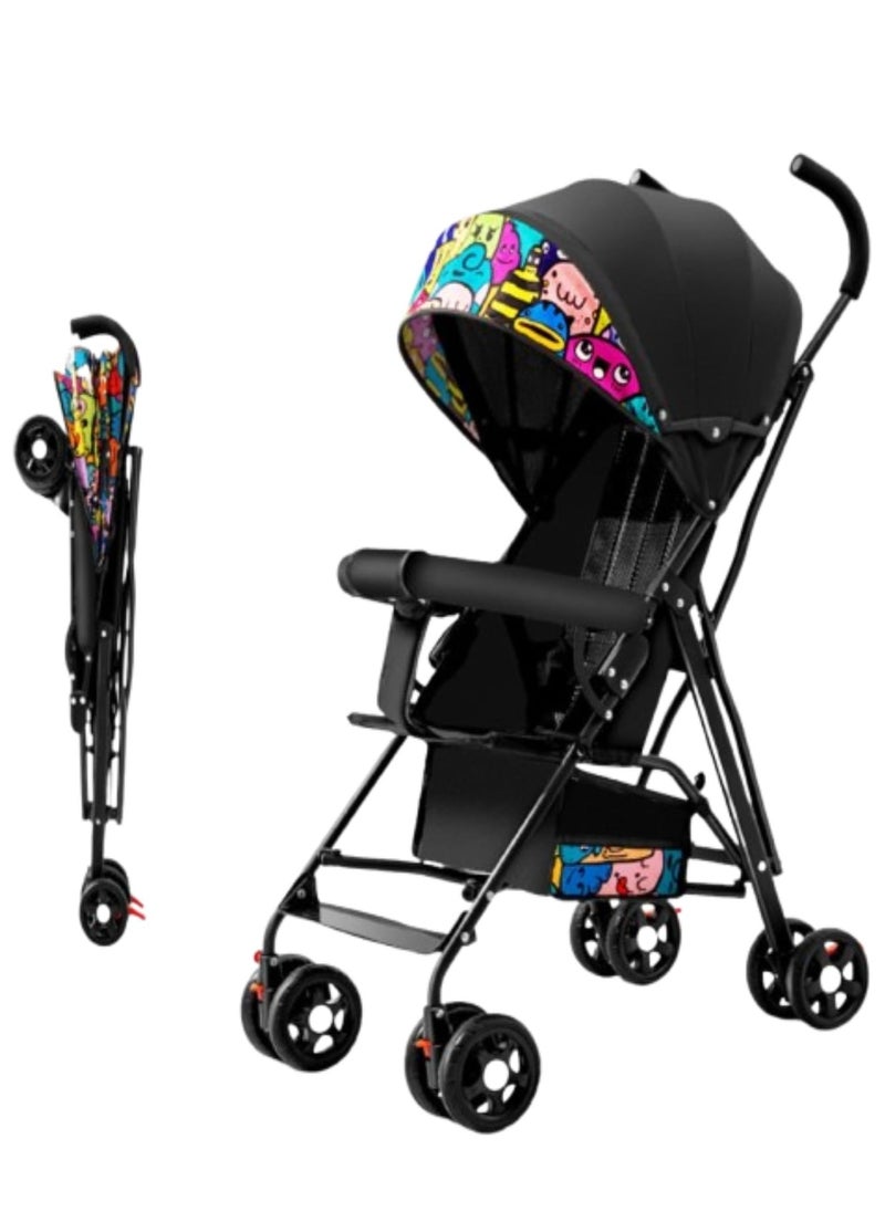 PENG GENERAL Baby Stroller, Folding Compact Travel Stroller, Small Children's Stroller with Adjustable Backrest, Footrest, Storage Basket and Extra-Large Canopy Cup Holder Black  - Image 1
