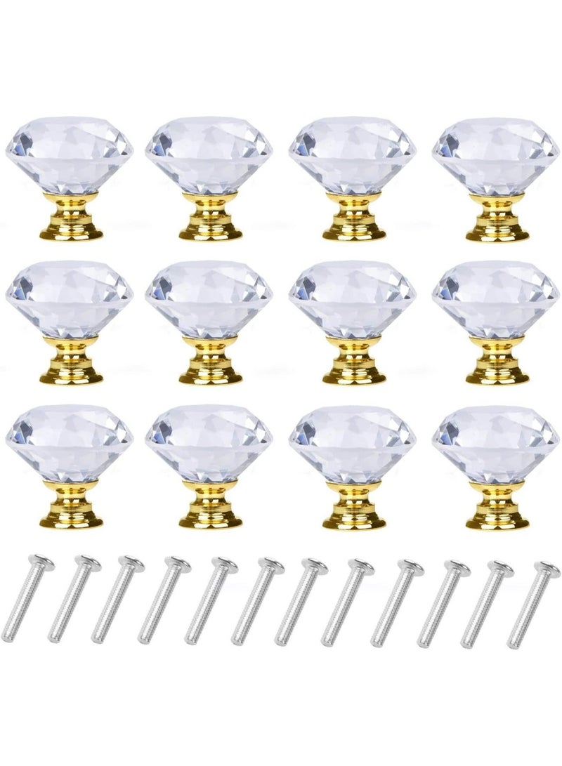 12 Pack Drawer Knobs Diamond Shaped Crystal Glass 30mm Cabinet Knobs Pull Handles (Gold) - Image 1