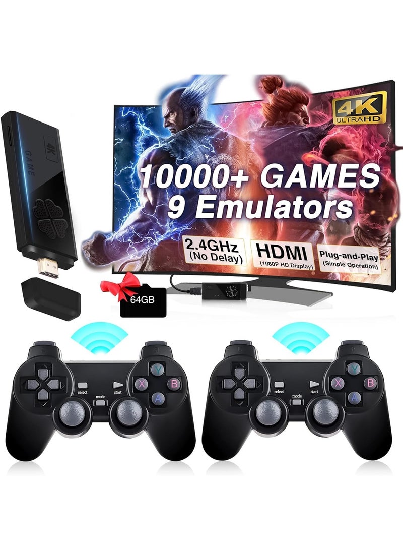 وحدة تحكم ألعاب لاسلكية، عصا ألعاب فيديو ريترو للتوصيل والتشغيل، ألعاب مدمجة 4K 1000+، 9 محاكيات كلاسيكية، 64 جيجا، مع وحدات تحكم لاسلكية مزدوجة 2.4 جيجا هرتز - Image 1