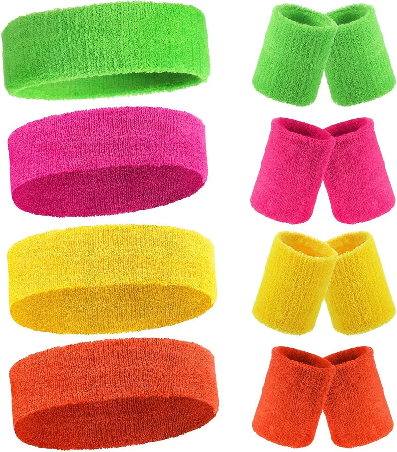 Civaner 12 Pcs 80s 90s Sweatbands Neon Sports Headbands Wristband Set for Men Women Party Cotton Headbands Terry Cloth Athletic Sweat Bands for Tennis Football Gym Outdoor Accessories - Image 1