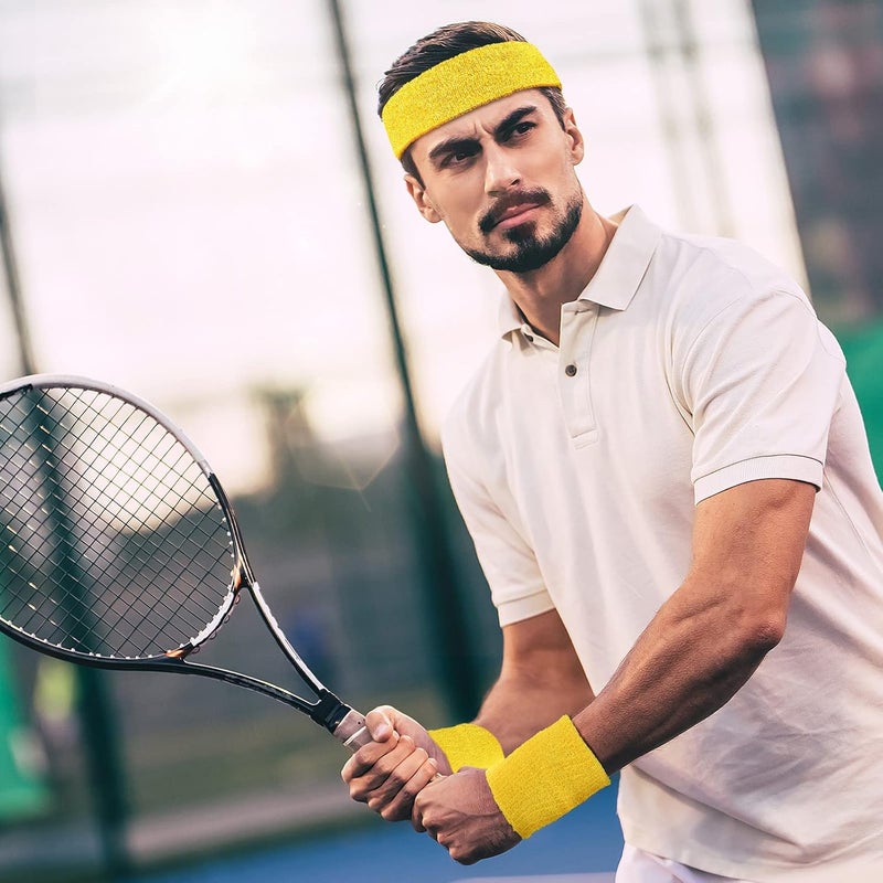 Civaner 12 Pcs 80s 90s Sweatbands Neon Sports Headbands Wristband Set for Men Women Party Cotton Headbands Terry Cloth Athletic Sweat Bands for Tennis Football Gym Outdoor Accessories - Image 5