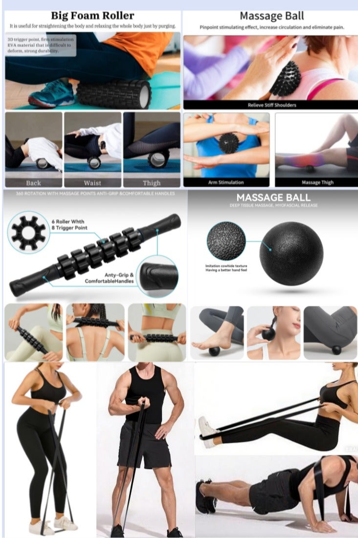 Generic Foam Roller Set, 6 in 1 Trigger Point Foam Roller for Deep Tissue Muscle Massage, High Density Fitness Exercise Foam Roller, Massage Roller, Massage Ball*2, Resistance Band for Pilates Yoga  - Image 3