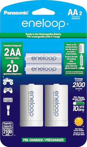 Eneloop Panasonic K-KJS1MCA2BA D Size Battery Adapters AA 2100 Cycle Ni- MH Pre-Charged Rechargeable Batteries, 2 "D Adapters with 2 Batteries - Image 1