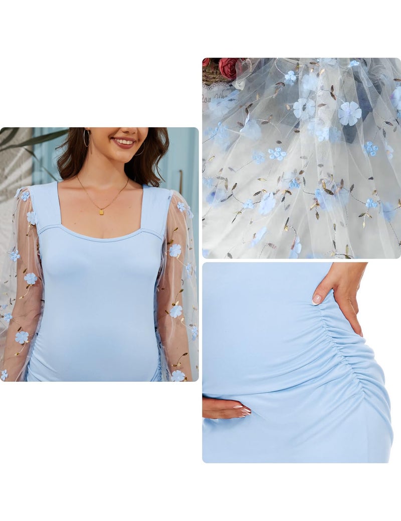 LAHILO Floral Mesh Bishop Long Sleeve Maternity Midi Dress, Fall Maternity Bodycon Dress for Baby Shower Bright Blue - Image 5