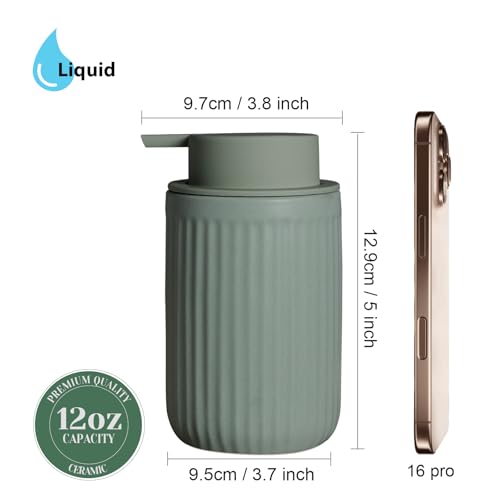 INGOFIN Ceramic Lotion Dispenser - 12oz Refillable Hand Soap Dispenser Bathroom, Modern Liquid Soap Dispenser with Pump, Dish Dispenser for Kitchen, Sage Green - Image 2