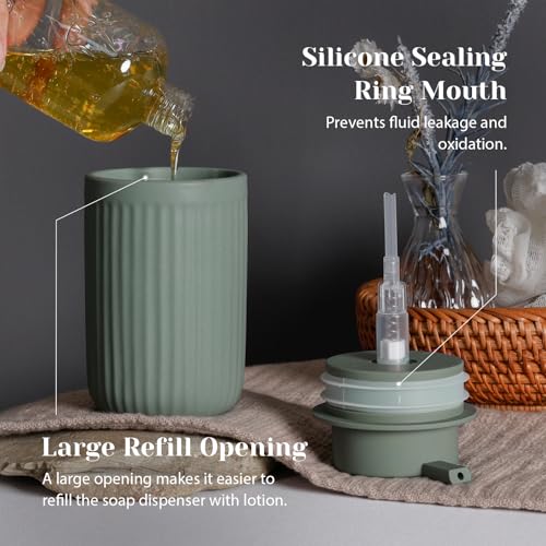 INGOFIN Ceramic Lotion Dispenser - 12oz Refillable Hand Soap Dispenser Bathroom, Modern Liquid Soap Dispenser with Pump, Dish Dispenser for Kitchen, Sage Green - Image 3