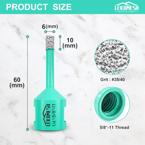 LEKOMESH Diamond Core Drill Bits - 1/4 Inch with 5/8"-11 Thread Tile Hole Saw Cutter Dry Drilling for Porcelain Ceramic Tile Granite Marble Stone Vacuum Brazed Diamond Drill Bit 6mm - Image 2