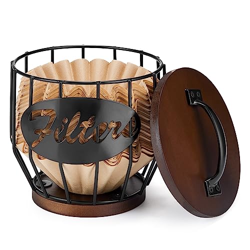 Yangbaga Coffee Filter Holder with Wood Lid,Wood and Metal Coffee Filter Storage Container Basket for Coffee Filters 2-4 Cup,Round Coffee Filter Holder Case for Counter,Coffee Bar Accessories decor - Image 1