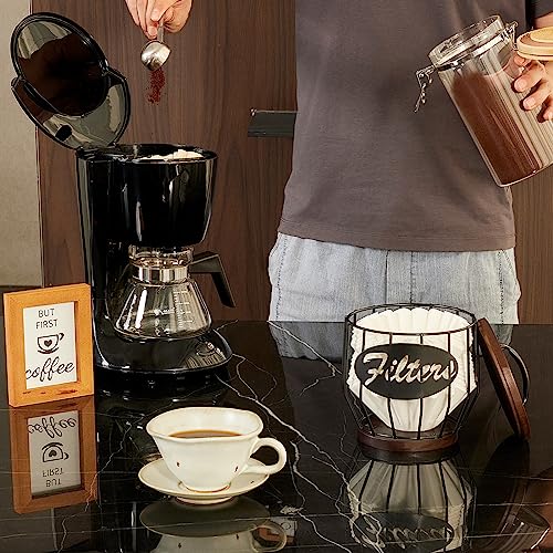 Yangbaga Coffee Filter Holder with Wood Lid,Wood and Metal Coffee Filter Storage Container Basket for Coffee Filters 2-4 Cup,Round Coffee Filter Holder Case for Counter,Coffee Bar Accessories decor - Image 5