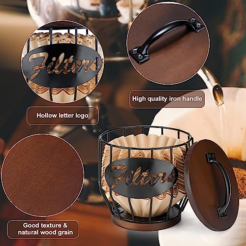Yangbaga Coffee Filter Holder with Wood Lid,Wood and Metal Coffee Filter Storage Container Basket for Coffee Filters 2-4 Cup,Round Coffee Filter Holder Case for Counter,Coffee Bar Accessories decor - Image 4