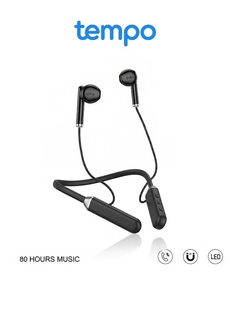 Tempo Wireless Bluetooth Neckband Earphones, Deep Bass Neck Headset, Clear Call Mic, Long Playtime Sports Neckband Earbuds Universal for Smartphones Black - Image 1