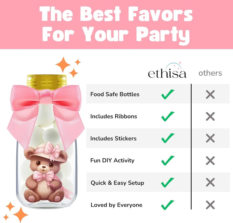 Ethisa Small 12 Pack We Can Bearly Wait Party Favors for Girl - Candy Jars with Ribbon and Stickers - DIY Party Decoration Bottles for Baby Shower and Gender Reveal - Pink Teddy Bear Table Centerpiece - Image 5