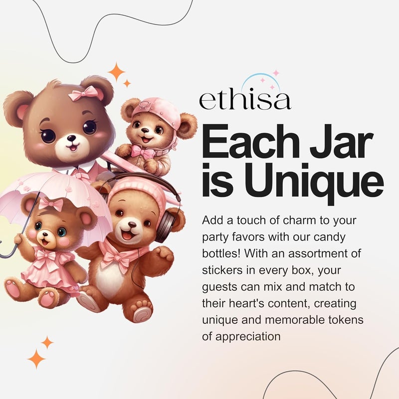 Ethisa Small 12 Pack We Can Bearly Wait Party Favors for Girl - Candy Jars with Ribbon and Stickers - DIY Party Decoration Bottles for Baby Shower and Gender Reveal - Pink Teddy Bear Table Centerpiece - Image 3