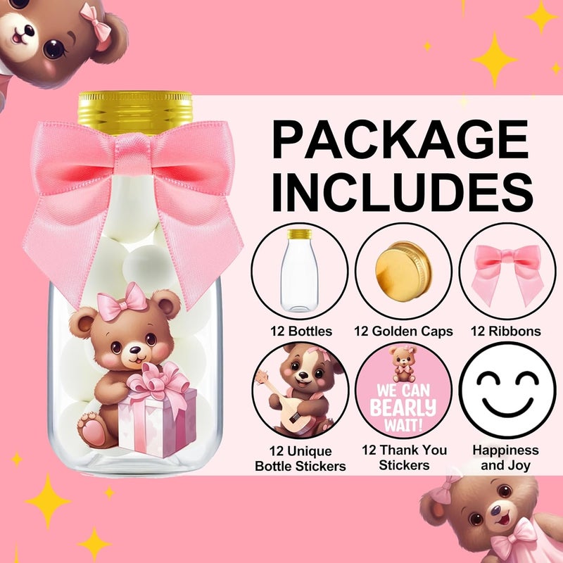 Ethisa Small 12 Pack We Can Bearly Wait Party Favors for Girl - Candy Jars with Ribbon and Stickers - DIY Party Decoration Bottles for Baby Shower and Gender Reveal - Pink Teddy Bear Table Centerpiece - Image 2