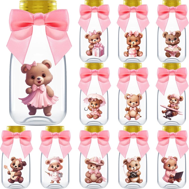 Ethisa Small 12 Pack We Can Bearly Wait Party Favors for Girl - Candy Jars with Ribbon and Stickers - DIY Party Decoration Bottles for Baby Shower and Gender Reveal - Pink Teddy Bear Table Centerpiece - Image 1