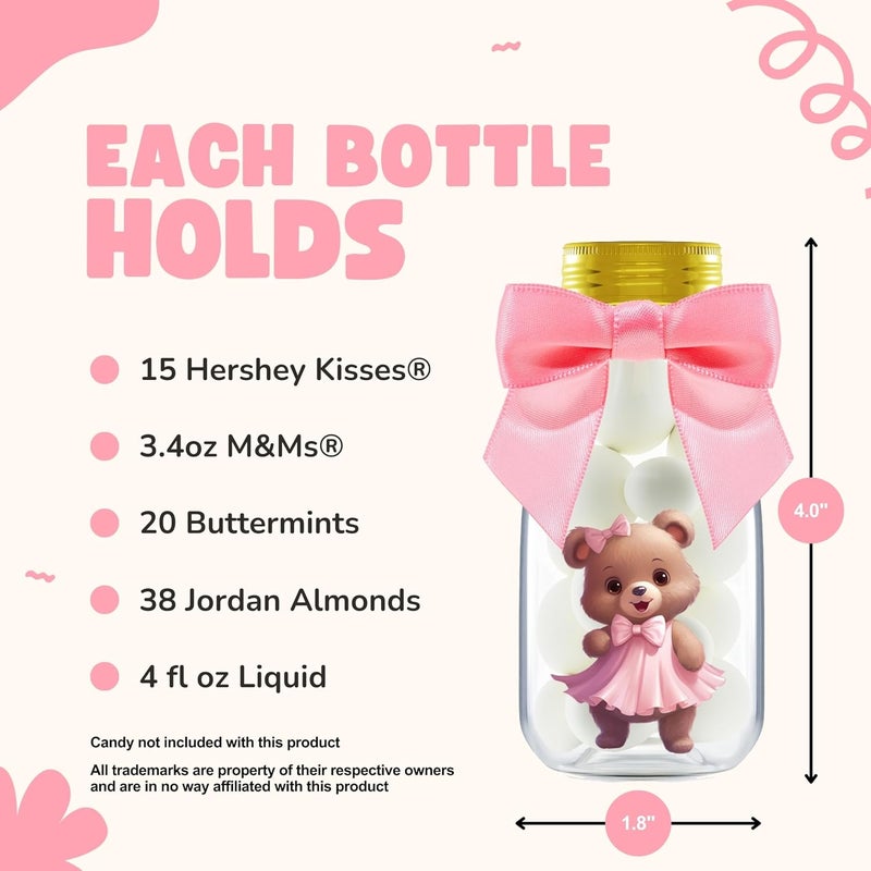 Ethisa Small 12 Pack We Can Bearly Wait Party Favors for Girl - Candy Jars with Ribbon and Stickers - DIY Party Decoration Bottles for Baby Shower and Gender Reveal - Pink Teddy Bear Table Centerpiece - Image 4
