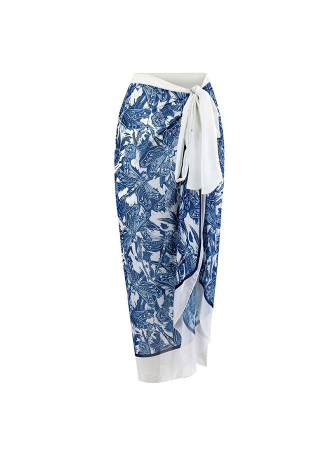 【Bohemian Holiday Style Three-piece Swimsuit For Women】 Multi-color Printed Beach Hot Spring Gauze Skirt European And American -Color:Blue Dragonfly Gauze Skirt 1 【Average Size】】- - Image 1