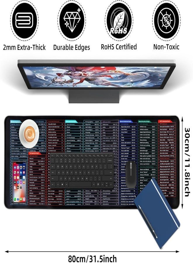 Vingtank Excel Cheat Sheet Desk Pad, Large Mouse Pads, Excel Shortcut Keys Mousepad, Non-Slip XL Office Desk Mat for Keyboard and Mouse 31.5 x 11.8in - Image 2