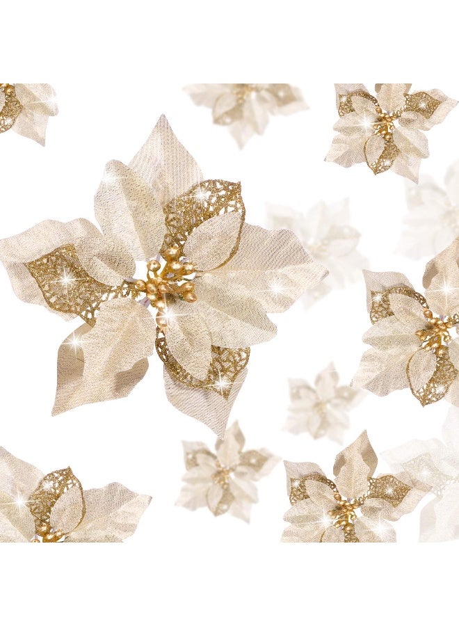 WILLBOND 36 Pieces Christmas Poinsettia Glitter Faux Flowers Christmas Artificial Flowers Tree Ornaments Topper Xmas Decorations(Gold) - Image 1