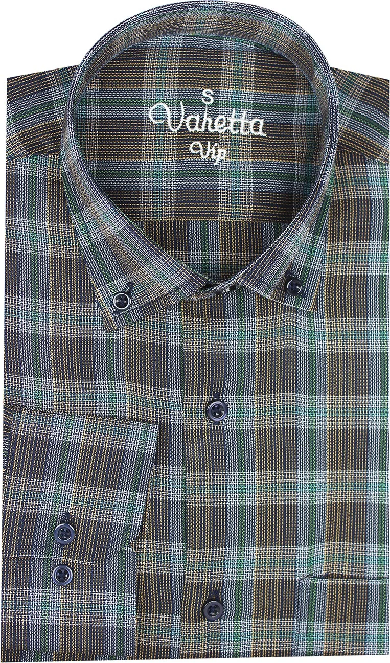 فاريتا Men's Blue Green Classic Cut Check Collar Buttoned One Pocket Long Sleeve Shirt