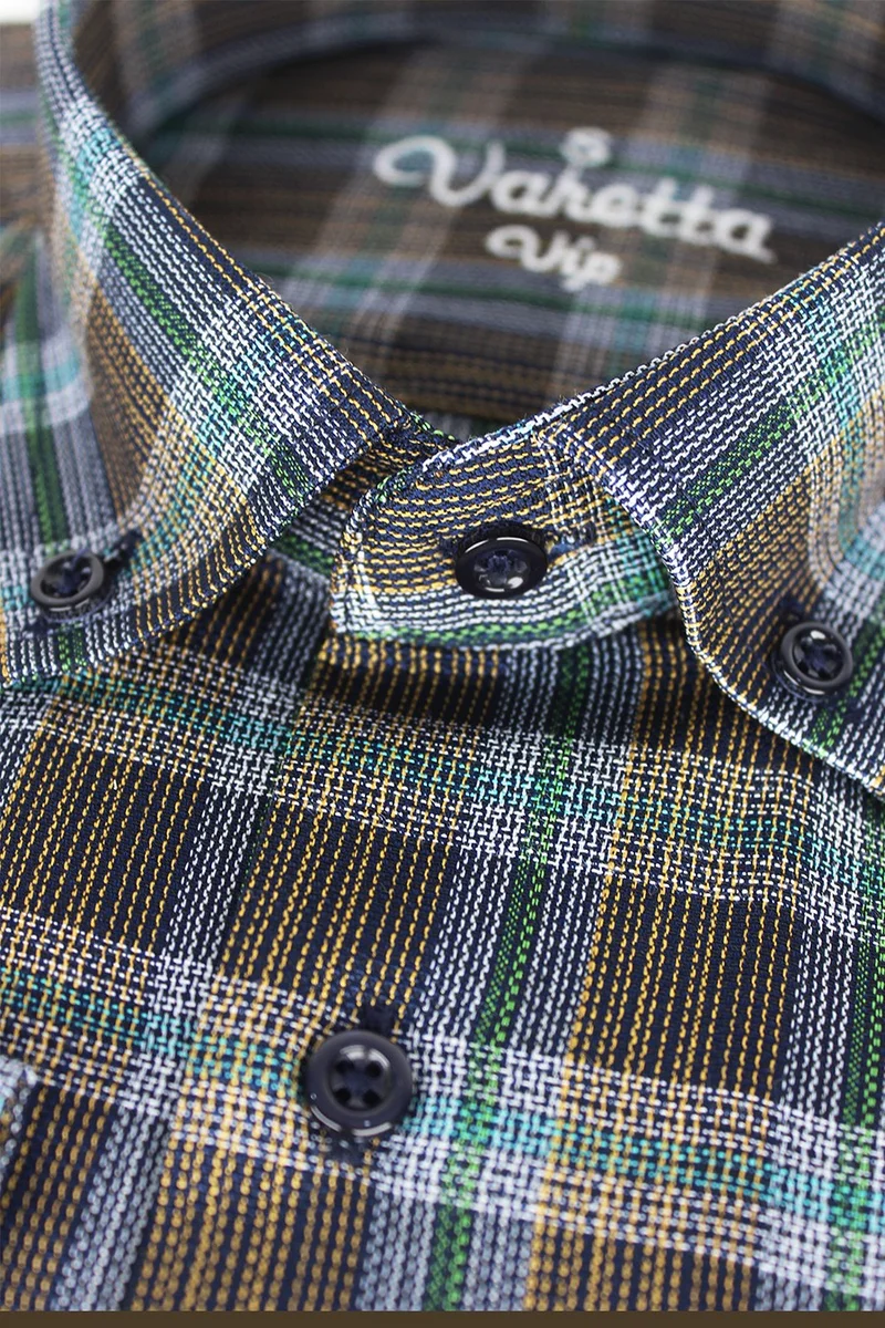 فاريتا Men's Blue Green Classic Cut Check Collar Buttoned One Pocket Long Sleeve Shirt