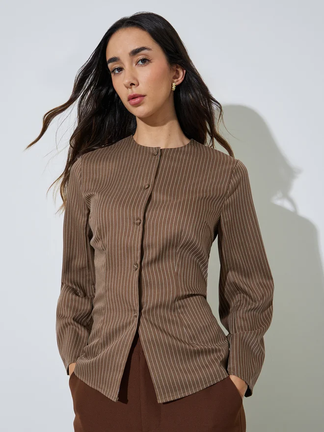 Styli Styli Brown Striped Long Sleeve Blouse