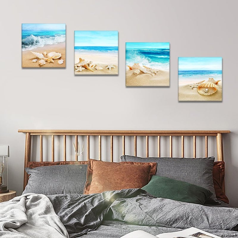 Artscope OTOSTAR 4 Pieces Canvas Prints Wall Art - Beach Shells and Sea Picture Painting- Modern Artwork Framed for Bathroom Home Office Decor 12 x Inch - Image 5