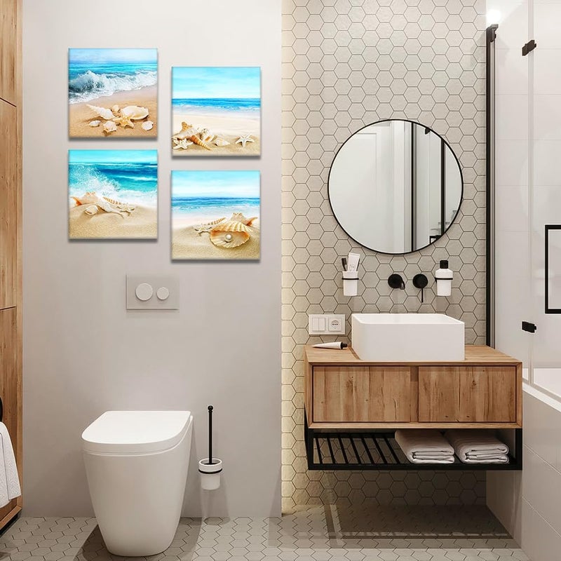 Artscope OTOSTAR 4 Pieces Canvas Prints Wall Art - Beach Shells and Sea Picture Painting- Modern Artwork Framed for Bathroom Home Office Decor 12 x Inch - Image 3