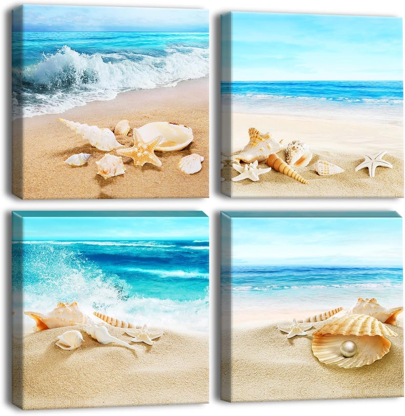 Artscope OTOSTAR 4 Pieces Canvas Prints Wall Art - Beach Shells and Sea Picture Painting- Modern Artwork Framed for Bathroom Home Office Decor 12 x Inch - Image 1