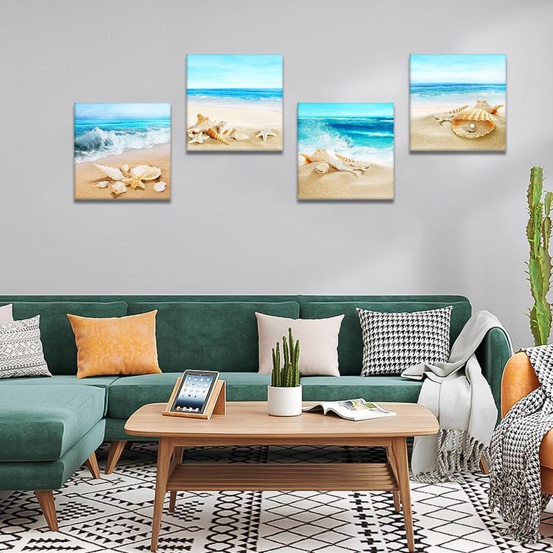 Artscope OTOSTAR 4 Pieces Canvas Prints Wall Art - Beach Shells and Sea Picture Painting- Modern Artwork Framed for Bathroom Home Office Decor 12 x Inch - Image 2