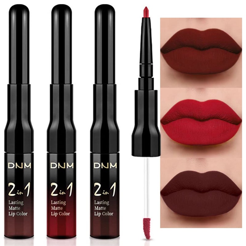 DNM 3Pcs Dark Brown Ruby Deep Red Matte Lip Liner Pencil and Liquid Lipstick Sets for Women Long Lasting Waterproof, 24 Hour Lipstick Lip Stick/Gloss Set labiales mate 24 horas originales, 02 - Image 1