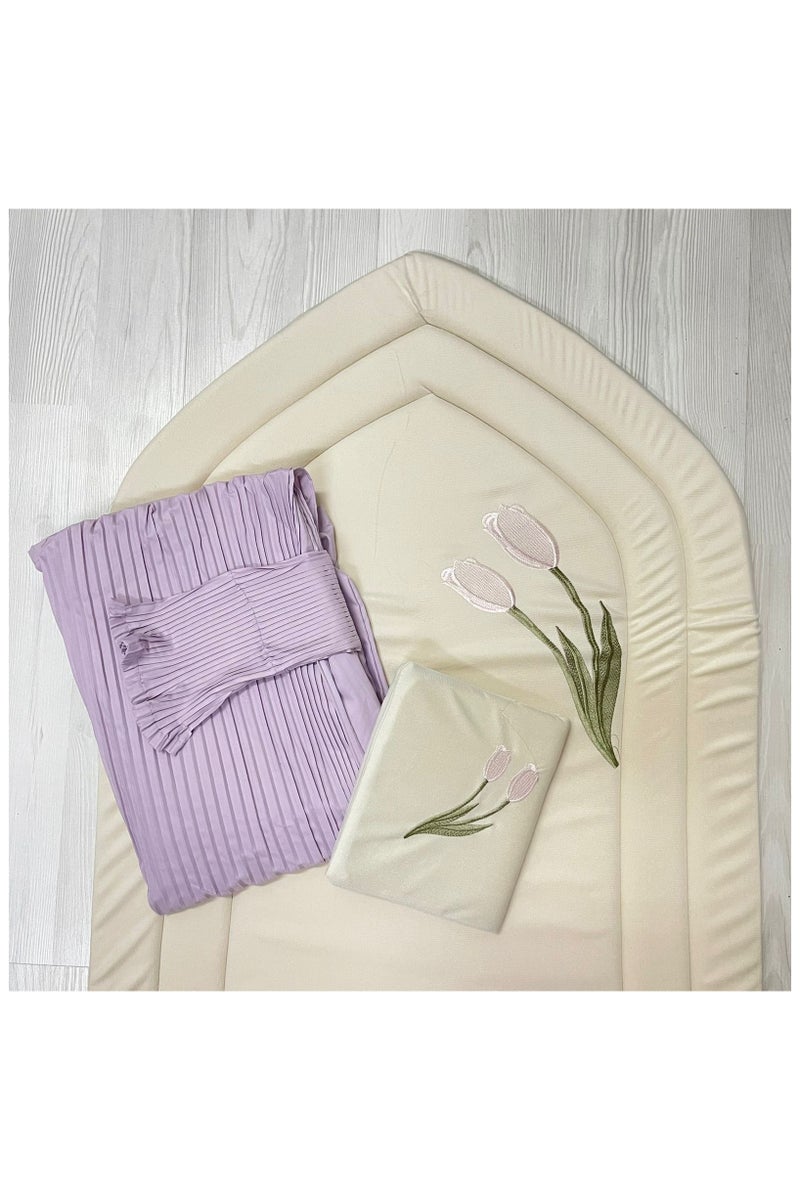 Ramadan Gifting Package Embroidered sponge prayer  rug with Quran cover and prayer sheet - Sugar/Lavender