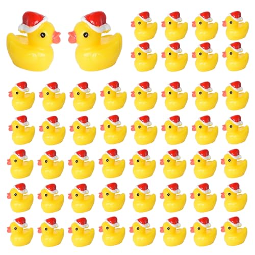 Tindobewan 50 PCS Tiny Ducks Mini Resin Ducks Miniature Christmas Hat Duck Figures Ornament for Xmas Craft Dollhouse Slime Home DecorationsYellow - Image 1