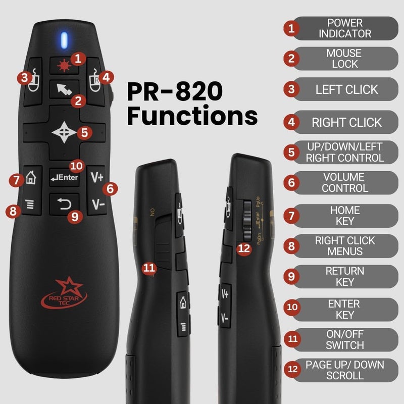 Red Star Tec PR-820 Wireless Presentation Clicker with Laser Pointer, PowerPoint Clicker with Air Mouse, Remote for Slideshows, Google Slides, Keynote & Smartboards, Mac/PC Compatible - Image 5