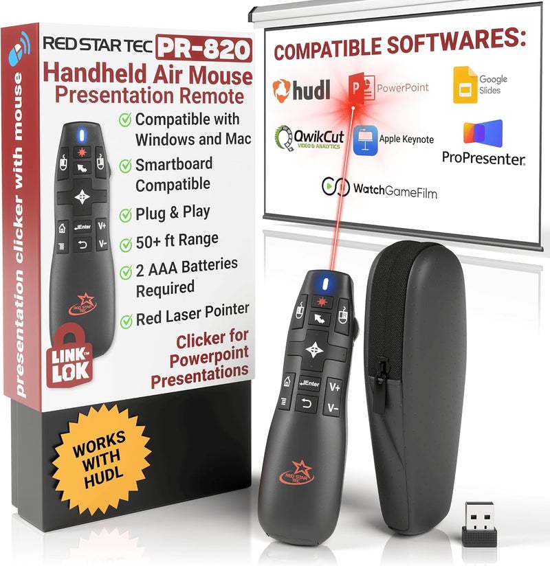 Red Star Tec PR-820 Wireless Presentation Clicker with Laser Pointer, PowerPoint Clicker with Air Mouse, Remote for Slideshows, Google Slides, Keynote & Smartboards, Mac/PC Compatible - Image 1