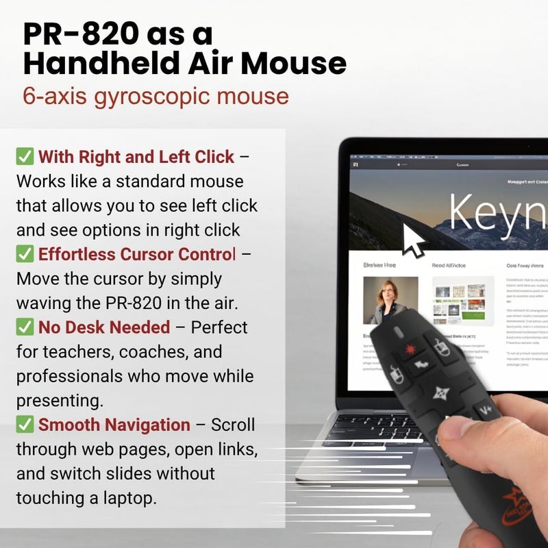 Red Star Tec PR-820 Wireless Presentation Clicker with Laser Pointer, PowerPoint Clicker with Air Mouse, Remote for Slideshows, Google Slides, Keynote & Smartboards, Mac/PC Compatible - Image 4