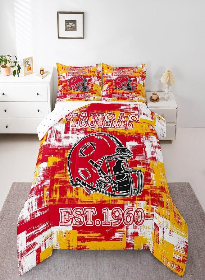 Feelyou American Football Bedding Set Boys Girls Kansas Comforter Set Queen Size Gifts for Football Fans Women Men Football City Comforter Rugby Sports Duvet Set Red Yellow Room Decor - Image 1
