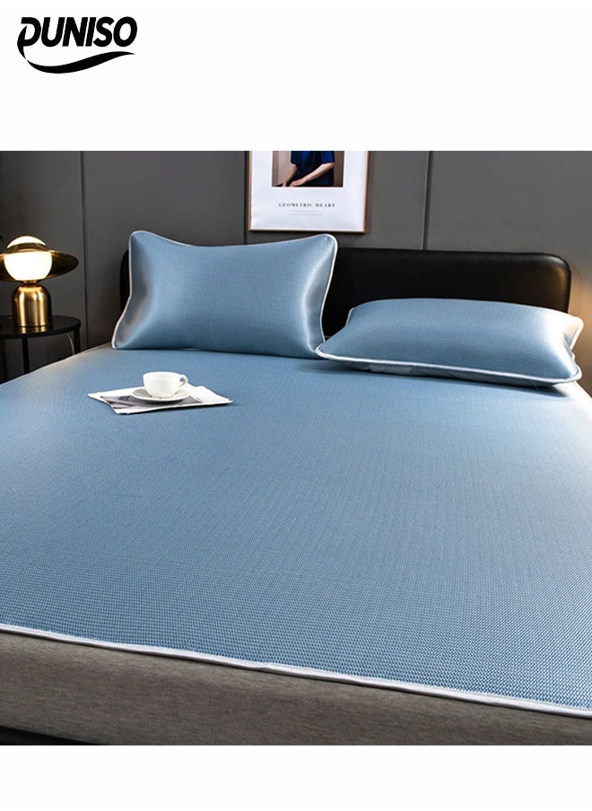 DUNISO 3-piece Cooling Bedding Set with 2 Pillowcases:Ice Silk Sheets & Latex Mattress Pad for Hot Climate,Breathable Sheets,Summer Night Sweat Relief,150*200cm,Dark Blue  - Image 1