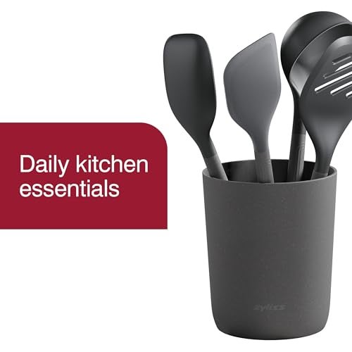 Zyliss Utensil Set with Storage Tube Small Kitchen Set with Utensil Organizer Includes Large Ladle Slotted Turner Spatula Spoon and Storage Cube Gray 5 Piece - Image 3