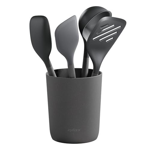 Zyliss Utensil Set with Storage Tube Small Kitchen Set with Utensil Organizer Includes Large Ladle Slotted Turner Spatula Spoon and Storage Cube Gray 5 Piece - Image 1