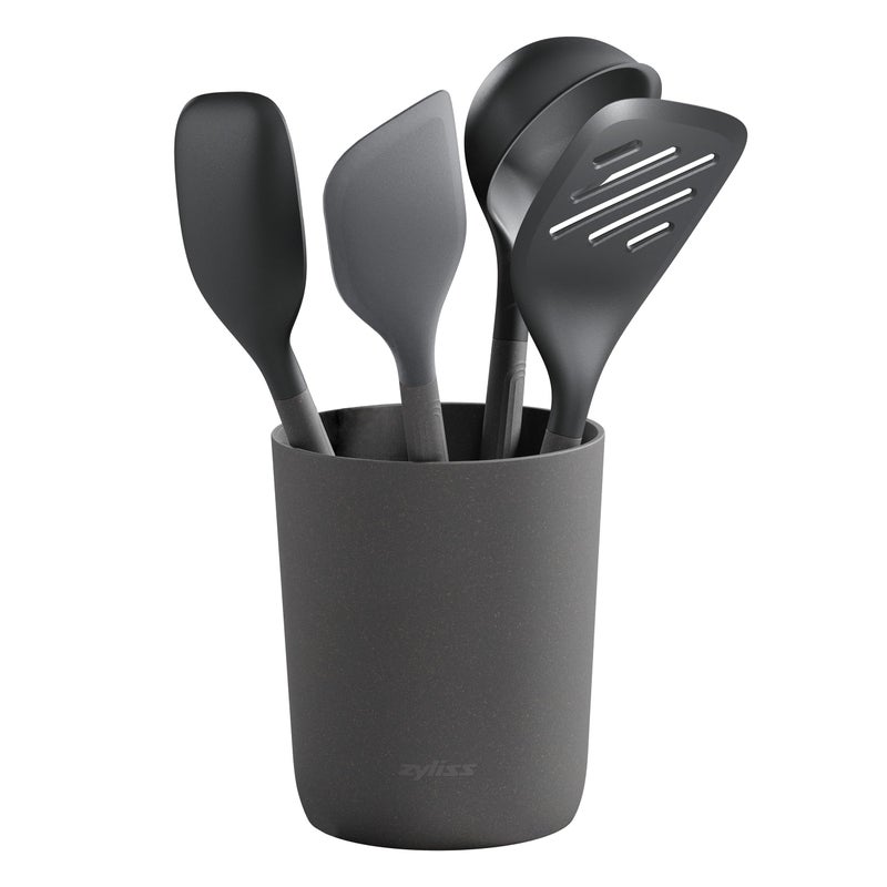 Zyliss Utensil Set with Storage Tube Small Kitchen Set with Utensil Organizer Includes Large Ladle Slotted Turner Spatula Spoon and Storage Cube Gray 5 Piece - Image 2