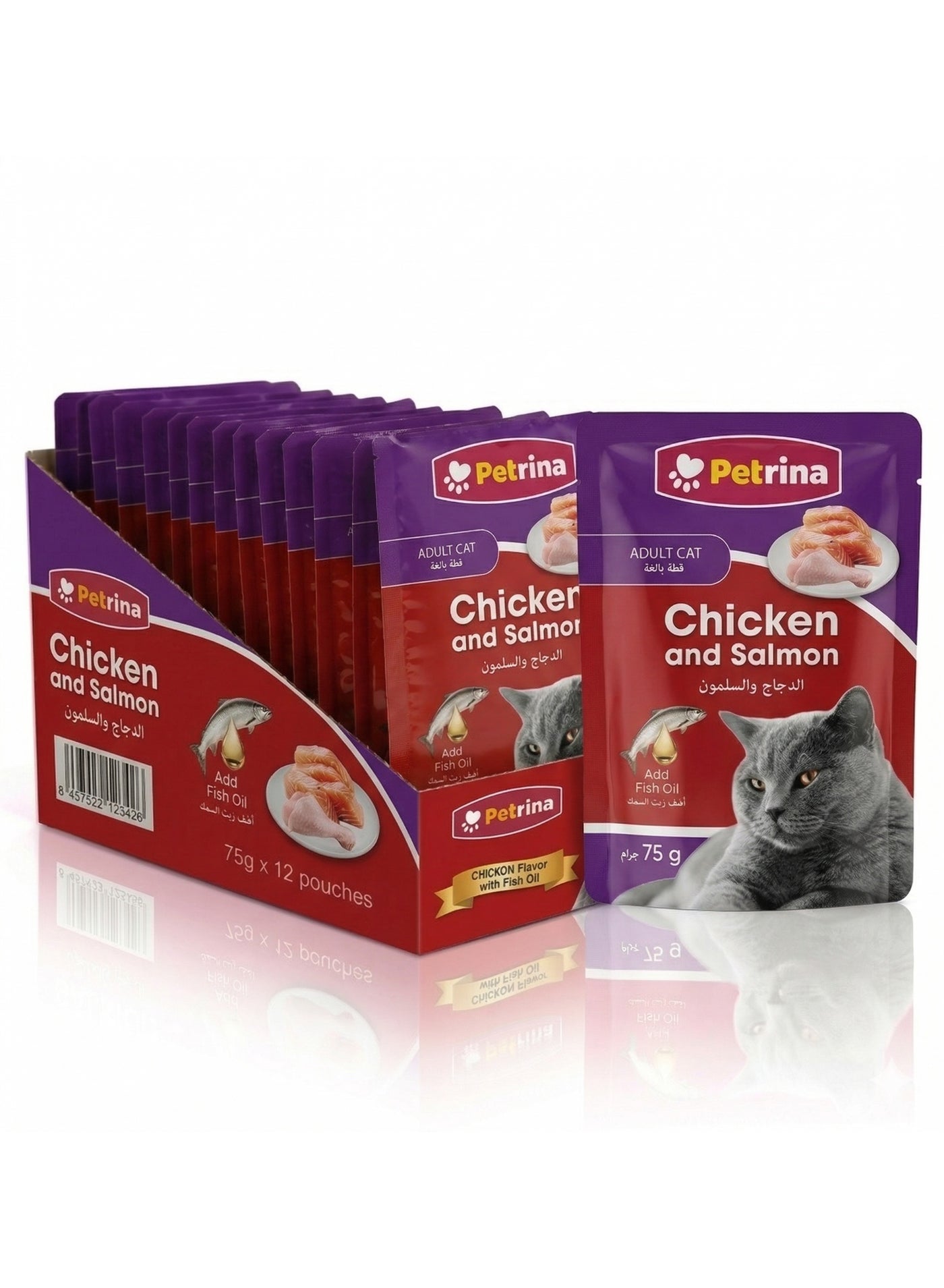Petrina Adult Cat Food Chicken & Salmon Flavor in Gravy – Chicken and Salmon Wet Cat Food with Fish Oil, Complete & Balanced Meal, High Palatability Soft Food, 75g x 12 Pouches (900g Total)