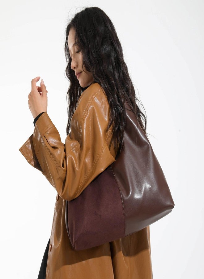Extolove Suede Purse Slouchy Suede Hobo Bags for Women Trendy Splicing Leather Tote Bag Handbag (Coffee) - Image 3